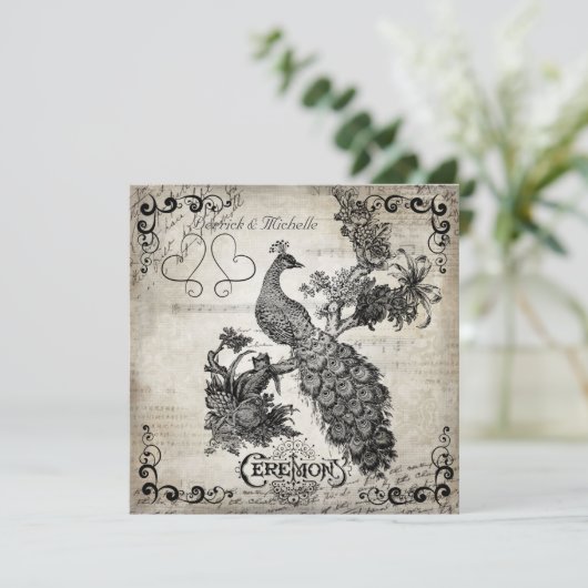 White Musical Notes Peacock Wedding Invitation Kaart (Staand voorkant)