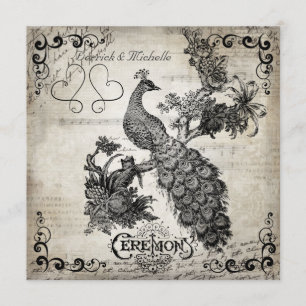 White Musical Notes Peacock Wedding Invitation Kaart