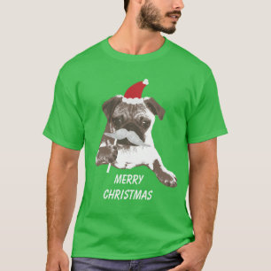 White Mustache Santa Pug Merry kerst T-shirt