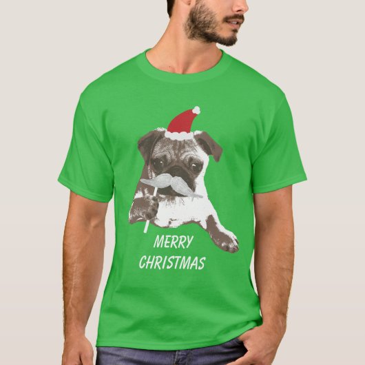 White Mustache Santa Pug Merry kerst T-shirt (Voorkant)