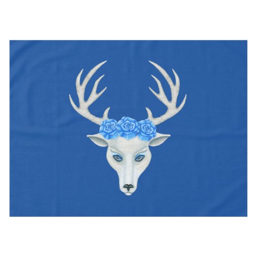 White Mythical Deer Wearing Blue Rozen Big Antlers Tafelkleed (Voorkant (Horizontaal))