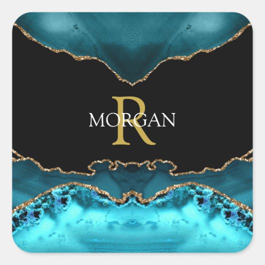White name & Gold Monogram, Blauwgroen Gold Black  Vierkante Sticker (Voorkant)