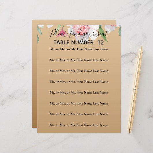 White Narcissus on Champagne Wedding Seating Sign (Voorkant / Achterkant in situ)