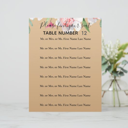 White Narcissus on Champagne Wedding Seating Sign (Staand voorkant)