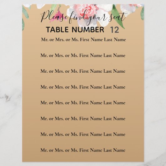 White Narcissus on Champagne Wedding Seating Sign (Voorkant)