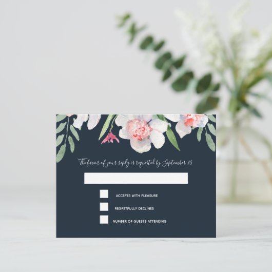 White Narcissus on Navy RSVP and Menu (Staand voorkant)