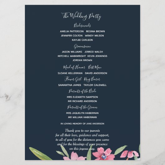 White Narcissus on Navy Wedding Programme Programmakaart (Achterkant)