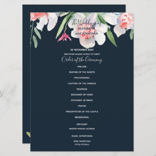 White Narcissus on Navy Wedding Programme Programmakaart (Voorkant / Achterkant)