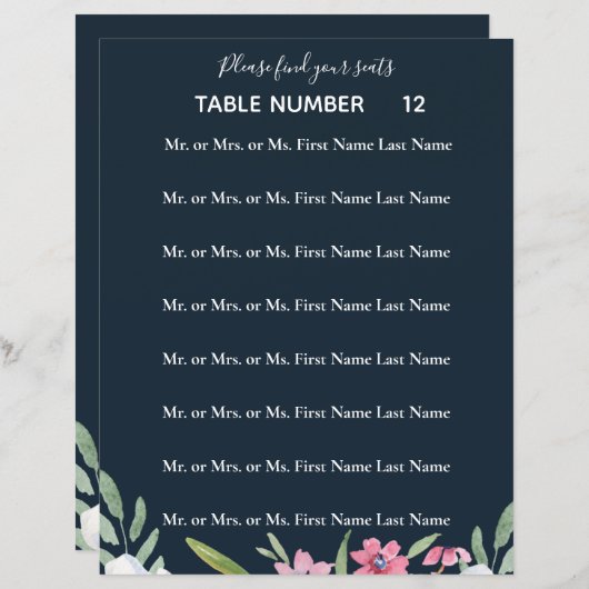 White Narcissus on Navy Wedding Seating Flyer (Voorkant / Achterkant)