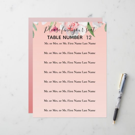 White Narcissus on Pink Wedding Seating Flyer (Voorkant / Achterkant in situ)