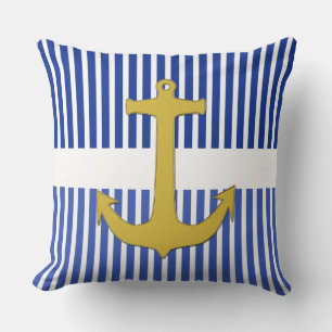 White Narrow Stripes & Anchor Gold + uw backgr. Kussen