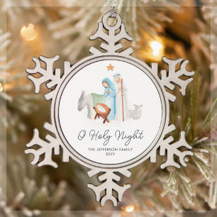 White Nativity Manger Religious Tin Sneeuwvlok Ornament