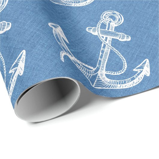 White Nautical Boat Anchor Blue Linen Cadeaupapier (Rol Hoek)