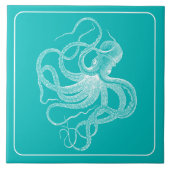 White  Nautical Octopus on turquoise Tegeltje (Voorkant)