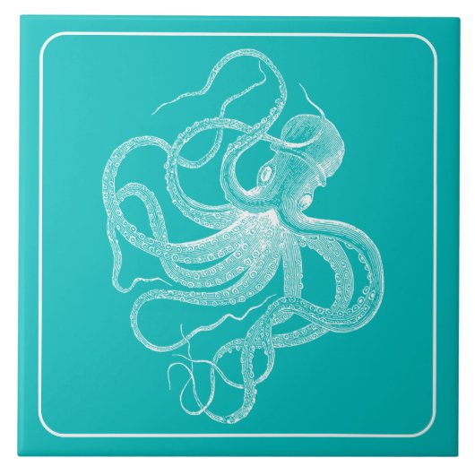 White  Nautical Octopus on turquoise Tegeltje (Voorkant)
