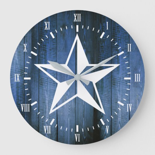 White Nautical Star Blue Wooden Planks Grote Klok (Voorkant)