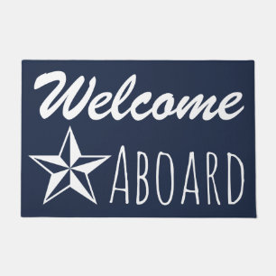 White Nautical Star & Navy Blue Welcome Aboard Deurmat