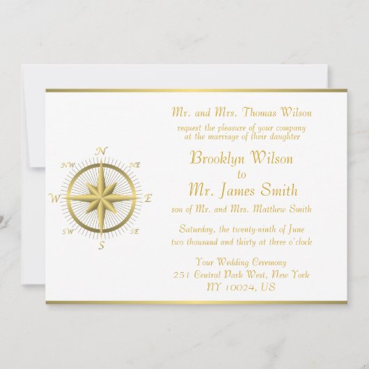 White Nautical Wedding Invitting Gold Compass Kaart (Voorkant)