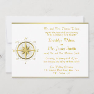 White Nautical Wedding Invitting Gold Compass Kaart