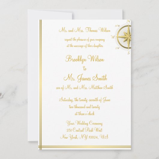 White Nautical Wedding Invitting Gold Compass Kaart (Voorkant)