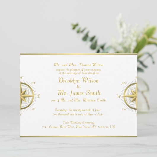 White Nautical Wedding Invitting Gold Compass Kaart (Staand voorkant)