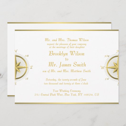 White Nautical Wedding Invitting Gold Compass Kaart (Voorkant / Achterkant)