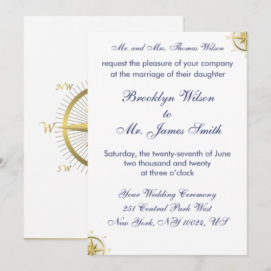 White Nautical Wedding Invitting Gold Compass Kaart (Voorkant / Achterkant)