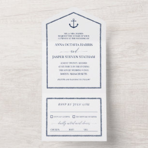 White Navy Blue Anchor Nautical Wedding  All In One Uitnodiging