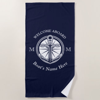 White Navy Blue Boat Name Anchor Welcome Aboard Strandlaken