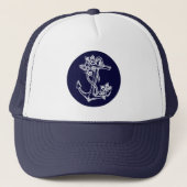 White & Navy Blue Floral Nautical Boat Anchor Trucker Pet (Voorkant)
