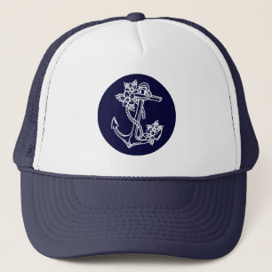 White & Navy Blue Floral Nautical Boat Anchor Trucker Pet