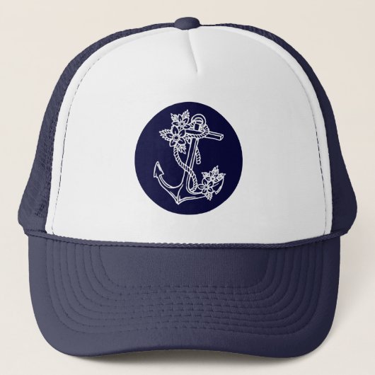 White & Navy Blue Floral Nautical Boat Anchor Trucker Pet (Voorkant)