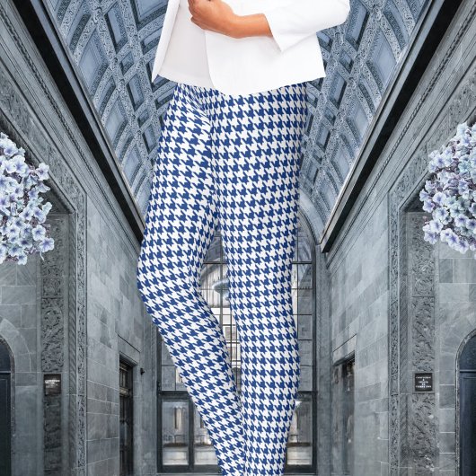 White & Navy Blue Houndstooth Leggings