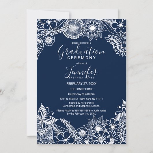 White Navy Blue Illustrative Florals Afstuderen Kaart (Voorkant)