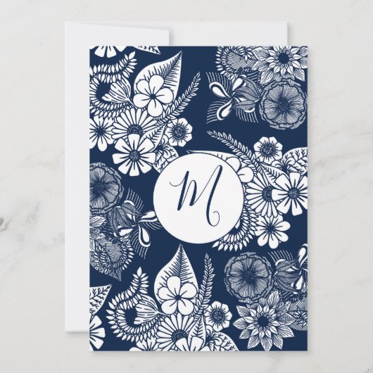 White Navy Blue Illustrative Florals Afstuderen Kaart (Achterkant)