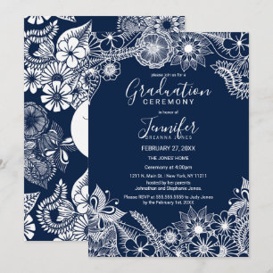White Navy Blue Illustrative Florals Afstuderen Kaart