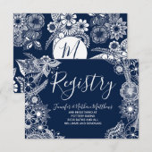White Navy Blue Illustrative Florals Gift Registry Informatiekaartje (Voorkant / Achterkant)
