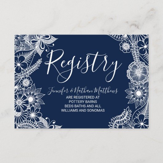 White Navy Blue Illustrative Florals Gift Registry Informatiekaartje (Voorkant)
