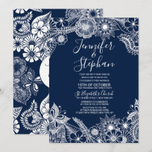 White Navy Blue Illustrative Florals Wedding