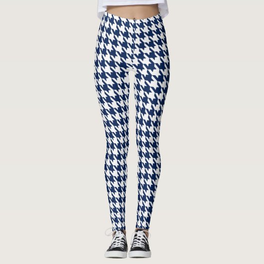White Navy Blue Large Pied de Poule Houndstooth Leggings (Voorkant)