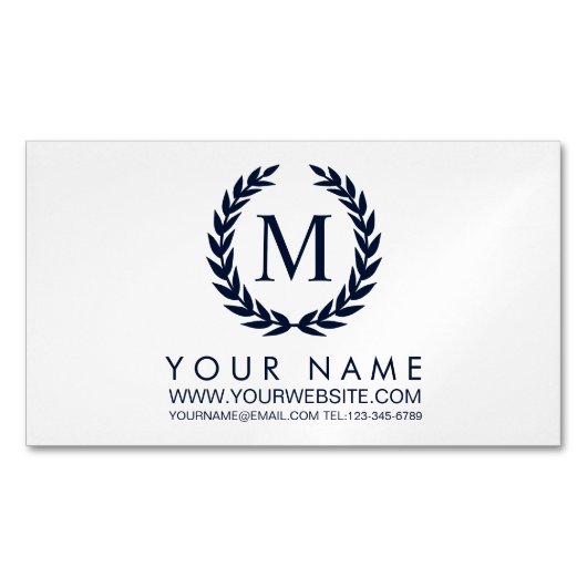White & Navy Blue Laurel Wreate Monogram Magnetisch Visitekaartje (Voorkant)