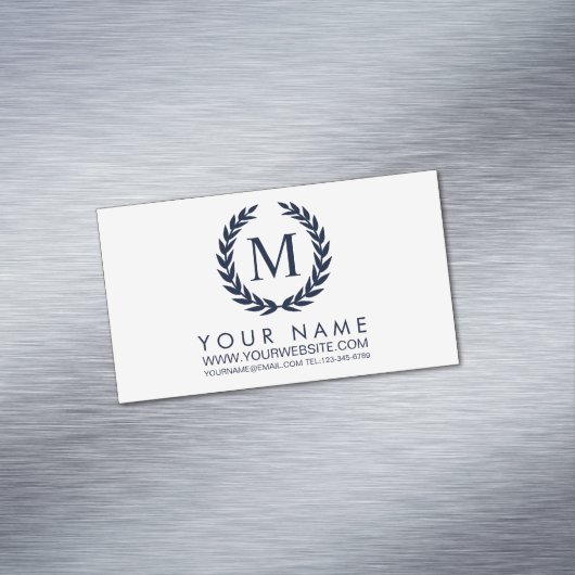 White & Navy Blue Laurel Wreate Monogram Magnetisch Visitekaartje (Voorbeeld)
