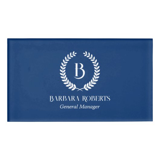 White & Navy Blue Laurel Wreated Custom Monogram Naambadge (Voorkant)