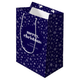 White Navy Blue Merry Christmas Snowflake Patroon Medium Cadeauzakje
