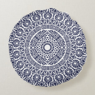 White & Navy Blue Modern Mandala boho chic Indian Rond Kussen