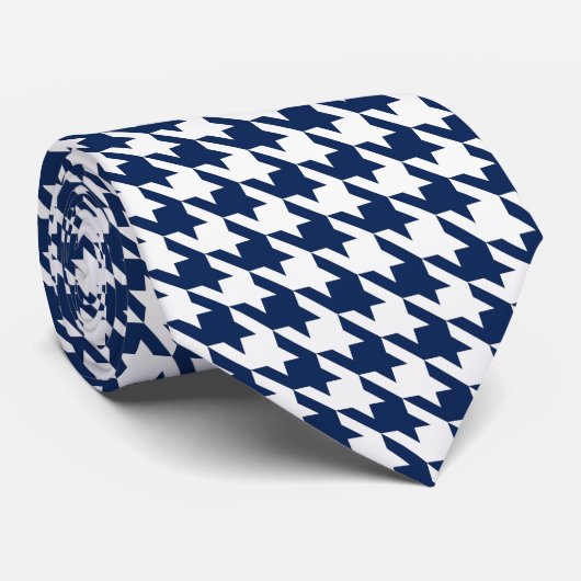 White Navy Blue Pied de Poule Houndstooth Stropdas (Opgerold)