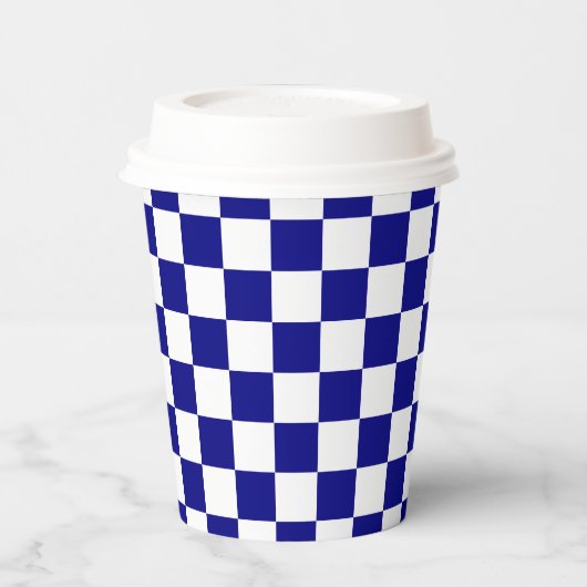 White Navy Blue Square Pattern Paper Cups Papieren Bekers (Links)
