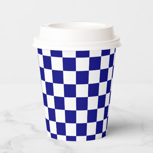 White Navy Blue Square Pattern Paper Cups Papieren Bekers (Achterkant)