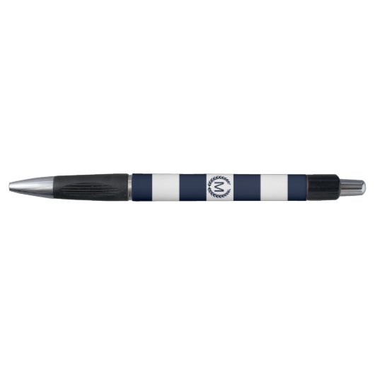 White & Navy Blue Striped Monogram op maat Pen (Voorkant)