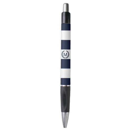 White & Navy Blue Striped Monogram op maat Pen (Voorkant Verticaal)